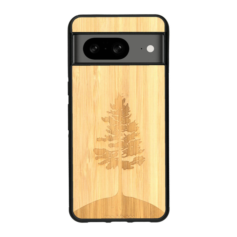 Coque de protection en bois véritable fabriquée en France pour Google Pixel 7A sur le thème de la nature, de la fôret et de l'écoresponsabilité avec une gravure représentant un arbre 