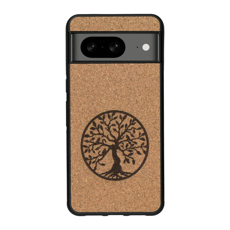 Coque de protection en bois véritable fabriquée en France pour Google Pixel 7A sur le thème de la spiritualité et du yoga avec une gravure zen représentant un arbre de vie