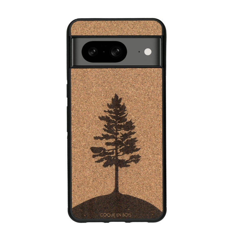 Coque de protection en bois véritable fabriquée en France pour Google Pixel 7A sur le thème de la nature, de la fôret et de l'écoresponsabilité avec une gravure représentant un arbre 