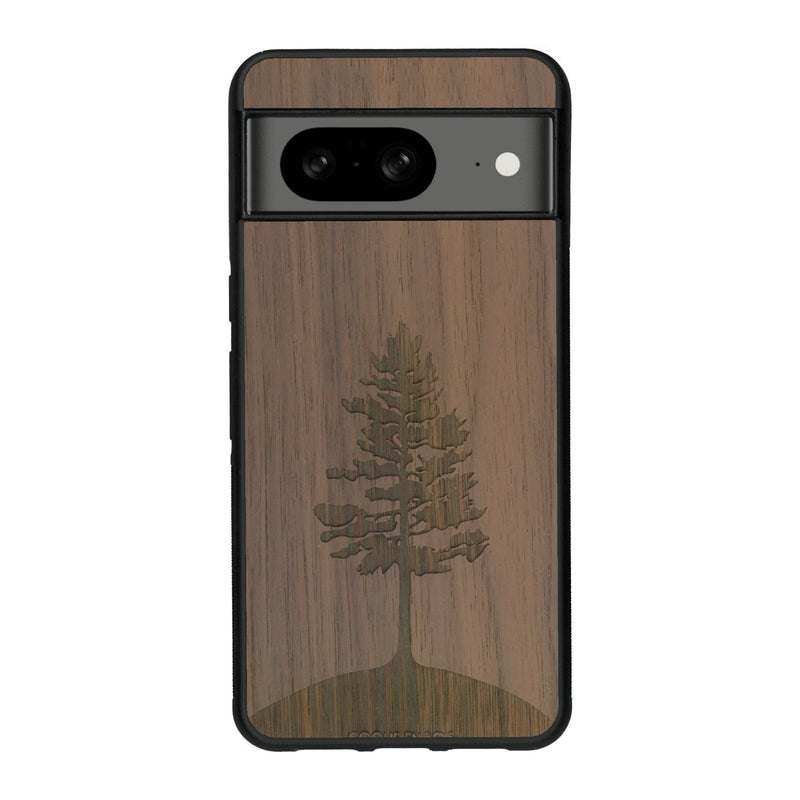 Coque de protection en bois véritable fabriquée en France pour Google Pixel 7A sur le thème de la nature, de la fôret et de l'écoresponsabilité avec une gravure représentant un arbre 