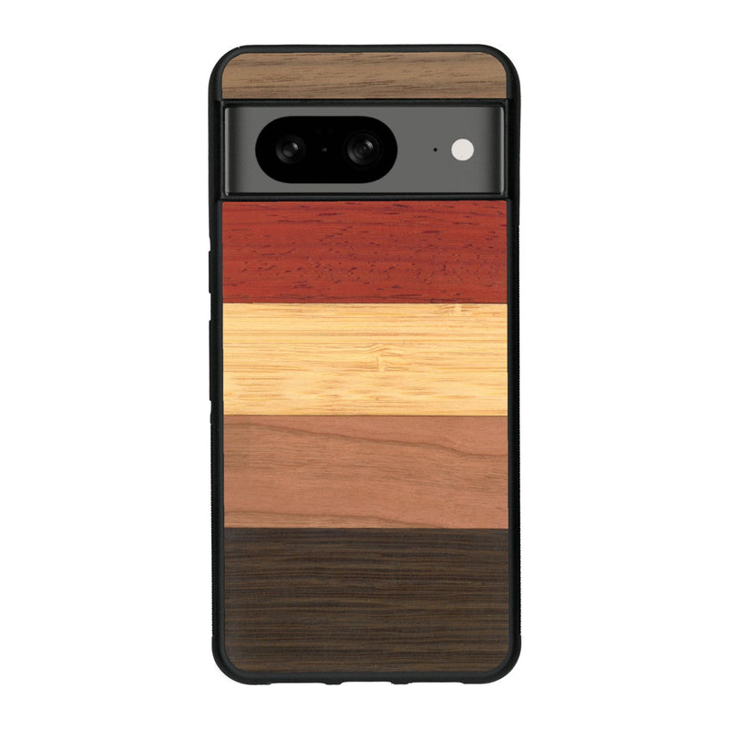 Coque de protection en bois véritable fabriquée en France pour Google Pixel 7A alliant des bandes horizontales de bambou, merisier, padouk, noyer et chêne fumé