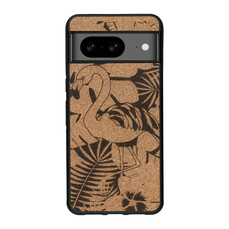 Coque de protection en bois véritable fabriquée en France pour Google Pixel 7A sur le thème de la nature et des animaux représentant un flamant rose entre des fougères