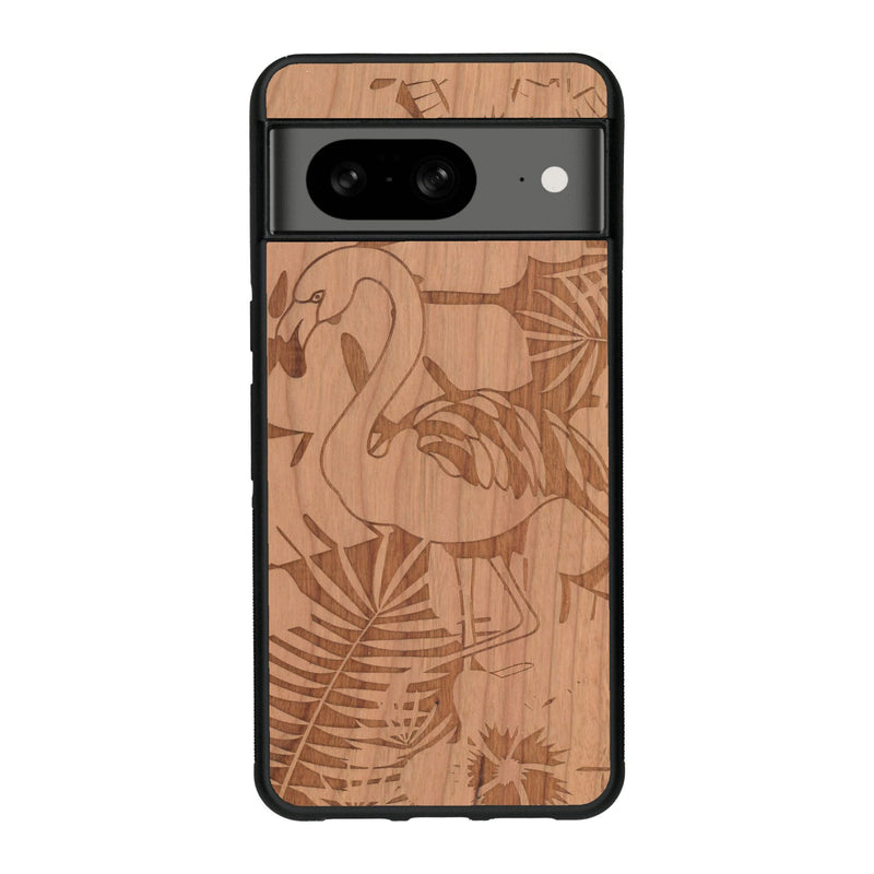 Coque de protection en bois véritable fabriquée en France pour Google Pixel 7A sur le thème de la nature et des animaux représentant un flamant rose entre des fougères