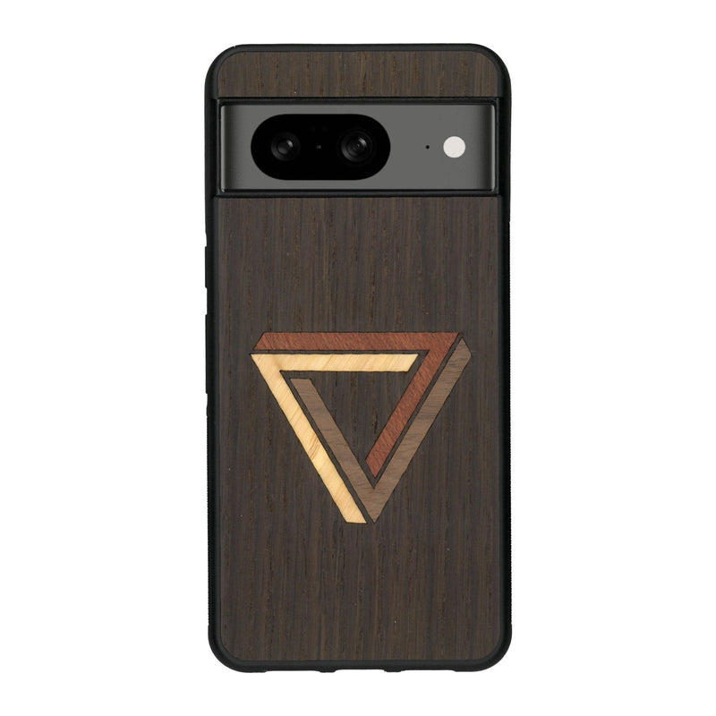 Coque de protection en bois véritable fabriquée en France pour Google Pixel 7A sur le thème de l'art géométrique qui allie du chêne fumé, du noyer, du bambou et du padouk représentant le triangle de penrose