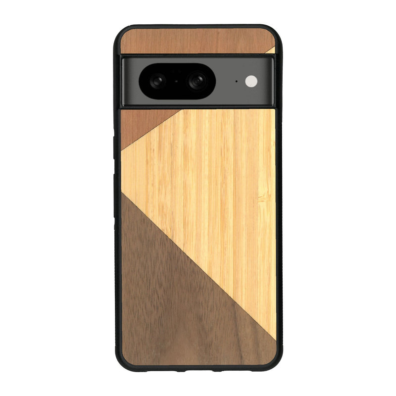 Coque de protection en bois véritable fabriquée en France pour Google Pixel 7A alliant du merisier, du noyer et du bambou formant chacun deux triangles et un trapèze avec deux jointures en diagonale sur le thème de l'art abstrait