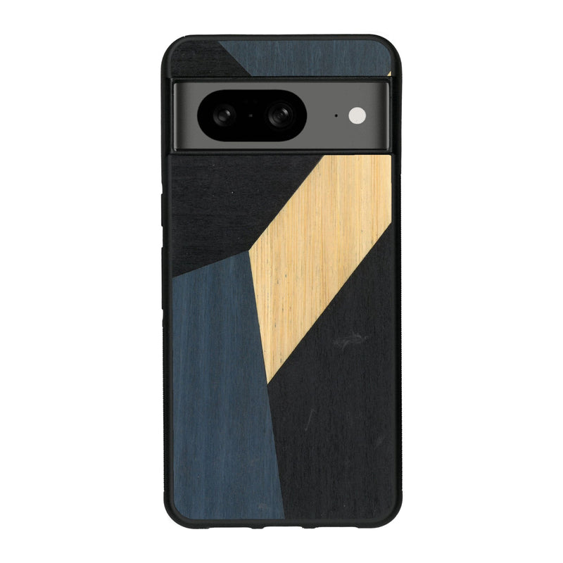 Coque de protection en bois véritable fabriquée en France pour Google Pixel 7A alliant du bambou, du tulipier bleu et noir en forme de mosaïque minimaliste sur le thème de l'art abstrait