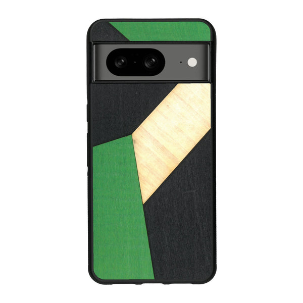 Coque de protection en bois véritable fabriquée en France pour Google Pixel 7A alliant du bambou, du tulipier vert et noir en forme de mosaïque minimaliste sur le thème de l'art abstrait