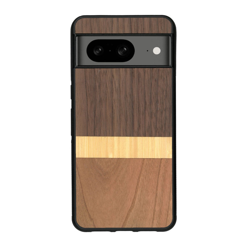 Coque de protection en bois véritable fabriquée en France pour Google Pixel 7A alliant des bandes horizontales de bambou, merisier et noyer