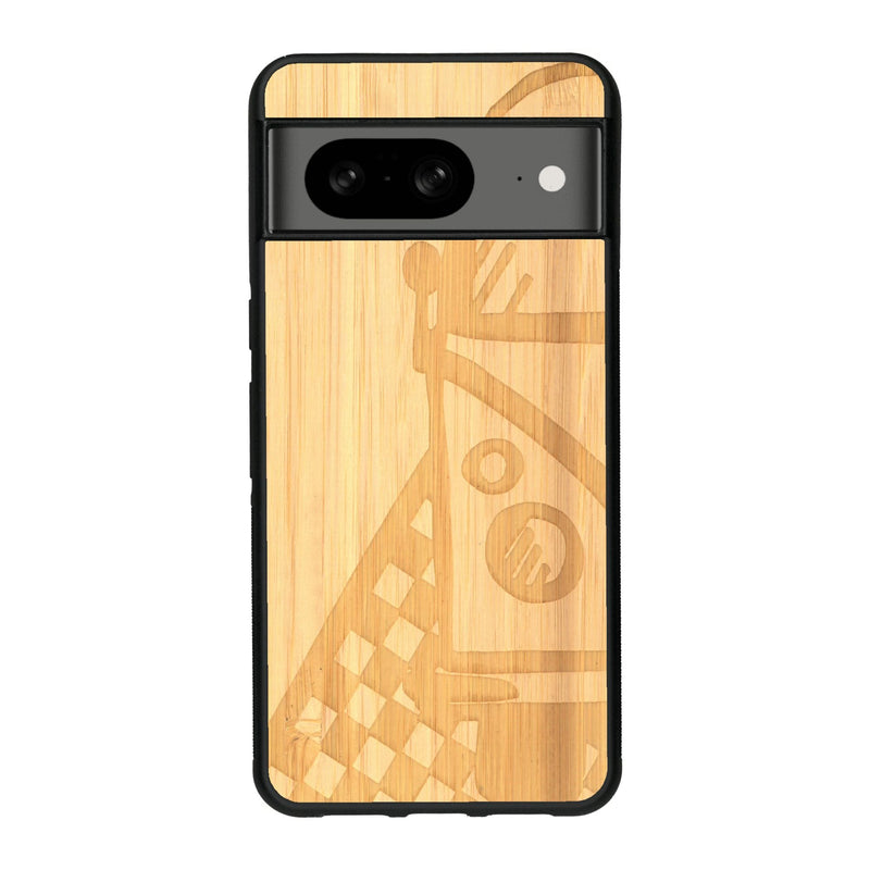 Coque de protection en bois véritable fabriquée en France pour Google Pixel 7A sur le thème du voyage avec un van combi