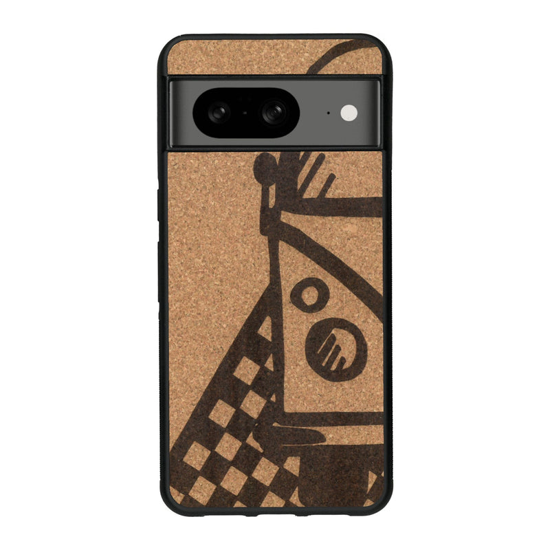 Coque de protection en bois véritable fabriquée en France pour Google Pixel 7A sur le thème du voyage avec un van combi