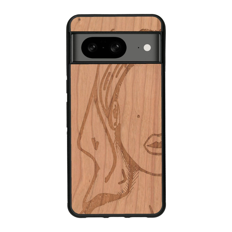 Coque de protection en bois véritable fabriquée en France pour Google Pixel 8 représentant une silhouette féminine épurée de type line art en collaboration avec l'artiste Maud Dabs