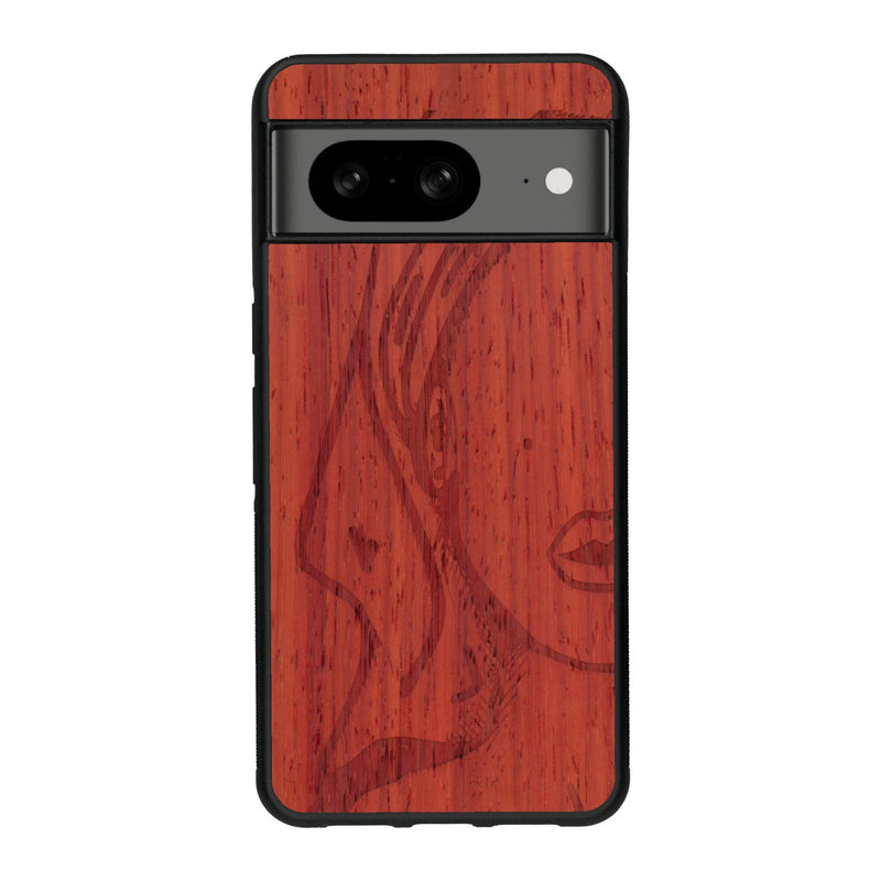 Coque de protection en bois véritable fabriquée en France pour Google Pixel 8 représentant une silhouette féminine épurée de type line art en collaboration avec l'artiste Maud Dabs