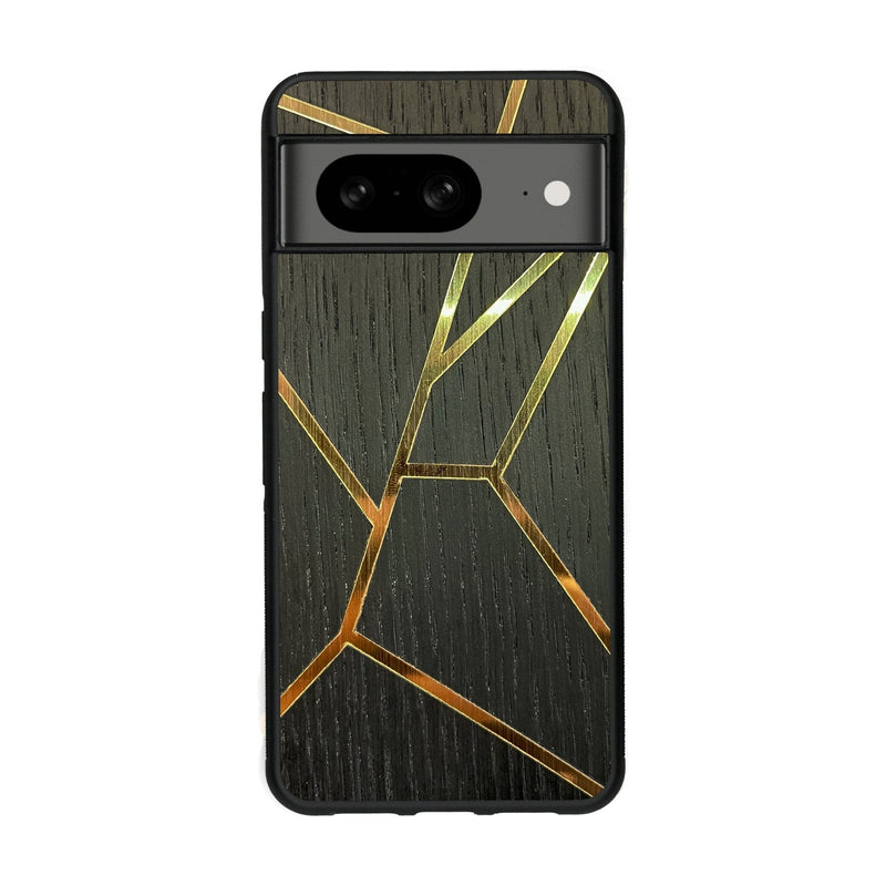 Coque de protection en bois véritable fabriquée en France pour Google Pixel 8 alliant plusieurs essences de bois pour représenter des fragments design