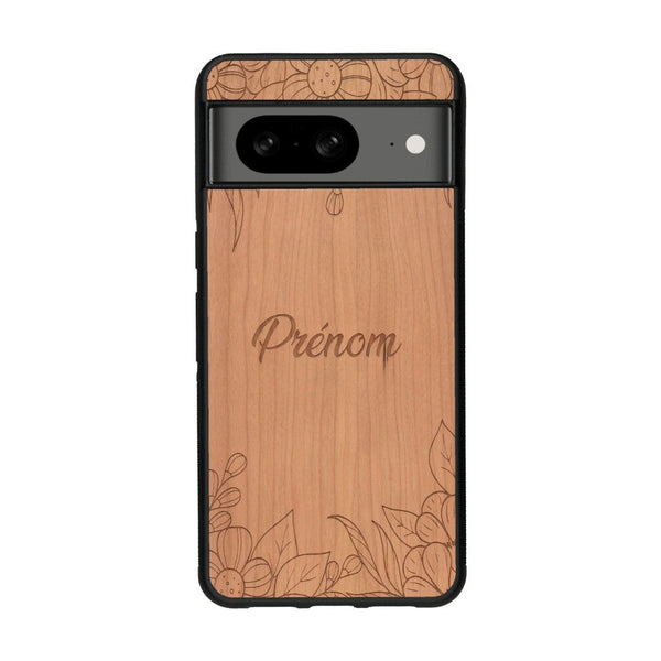 Coque de protection en bois véritable fabriquée en France pour Google Pixel 8 sur le thème de la fête des mères avec un motif représentant des fleurs et des feuilles