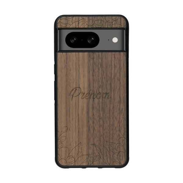 Coque de protection en bois véritable fabriquée en France pour Google Pixel 8 sur le thème de la fête des mères avec un motif représentant des fleurs et des feuilles