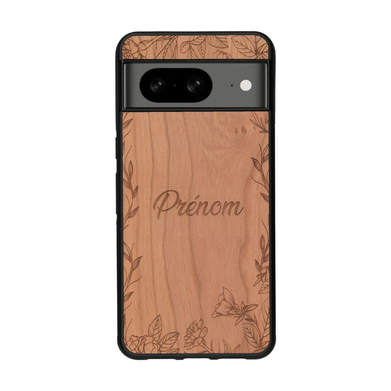 Coque de protection en bois véritable fabriquée en France pour Google Pixel 8 sur le thème de la fête des mères avec un motif représentant des fleurs et des feuilles