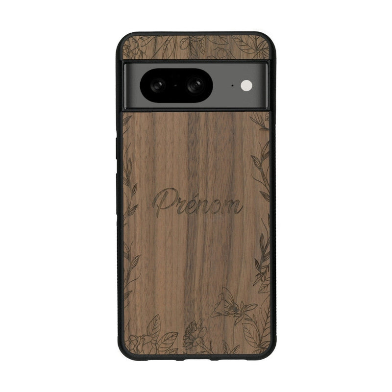 Coque de protection en bois véritable fabriquée en France pour Google Pixel 8 sur le thème de la fête des mères avec un motif représentant des fleurs et des feuilles