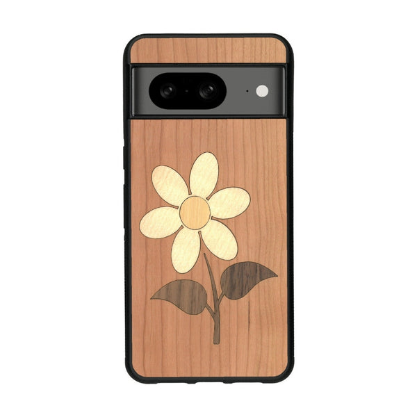 Coque de protection en bois véritable fabriquée en France pour Google Pixel 8A alliant plusieurs essences de bois pour représenter une marguerite