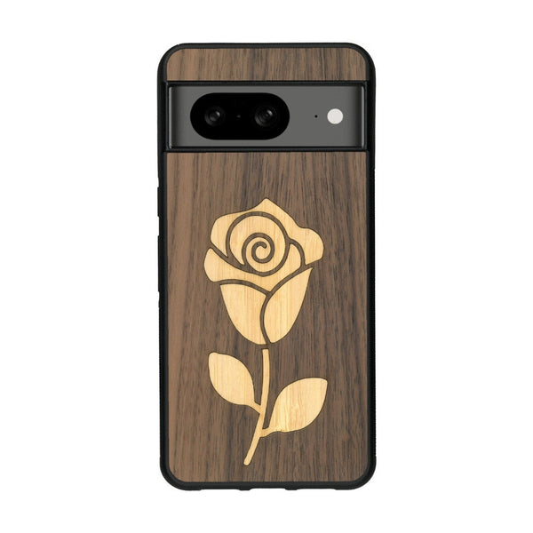 Coque de protection en bois véritable fabriquée en France pour Google Pixel 8A alliant plusieurs essences de bois pour représenter une rose