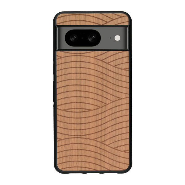 Coque de protection en bois véritable fabriquée en France pour Google Pixel 8A avec un motif moderne et minimaliste sur le thème waves et wavy représentant les vagues de l'océan