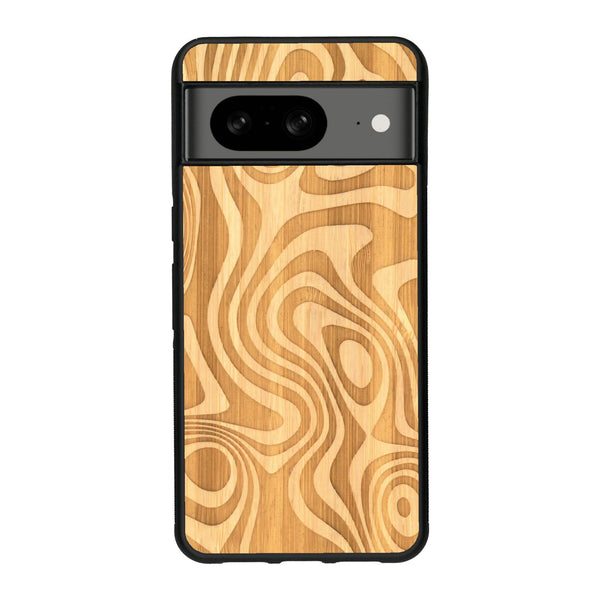 Coque de protection en bois véritable fabriquée en France pour Google Pixel 8A avec un motif abstrait représentant les mouvements de l'eau