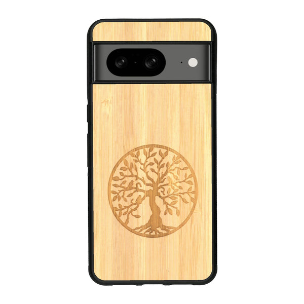 Coque de protection en bois véritable fabriquée en France pour Google Pixel 8A sur le thème de la spiritualité et du yoga avec une gravure zen représentant un arbre de vie