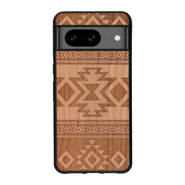 Coque de protection en bois véritable fabriquée en France pour Google Pixel 8A avec des motifs géométriques s'inspirant des temples aztèques, mayas et incas