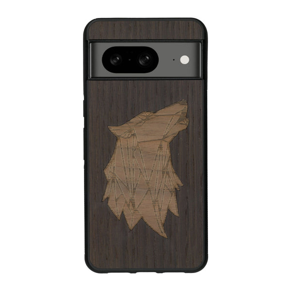 Coque de protection en bois véritable fabriquée en France pour Google Pixel 8A alliant du chêne fumé et du noyer représentant une tête de loup géométrique de profil sur le thème des animaux et de la nature