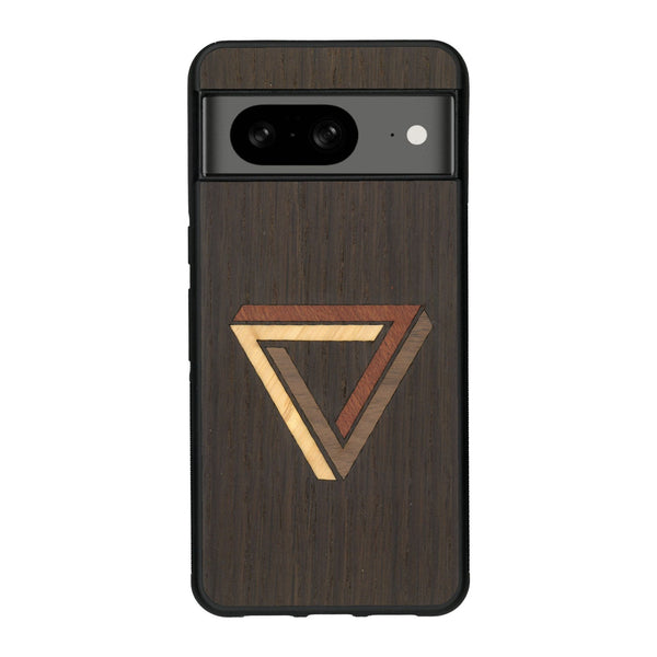 Coque de protection en bois véritable fabriquée en France pour Google Pixel 8A sur le thème de l'art géométrique qui allie du chêne fumé, du noyer, du bambou et du padouk représentant le triangle de penrose