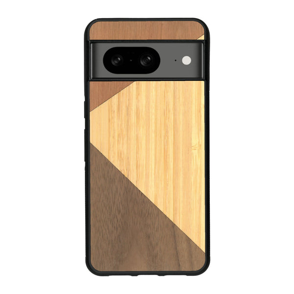 Coque de protection en bois véritable fabriquée en France pour Google Pixel 8A alliant du merisier, du noyer et du bambou formant chacun deux triangles et un trapèze avec deux jointures en diagonale sur le thème de l'art abstrait