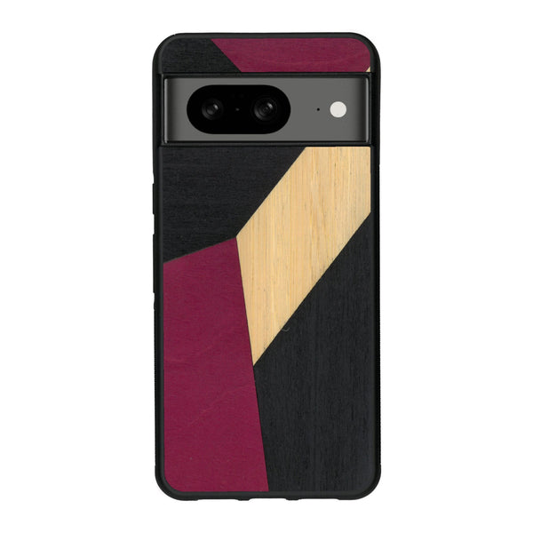 Coque de protection en bois véritable fabriquée en France pour Google Pixel 8A alliant du bambou, du tulipier rose et noir en forme de mosaïque minimaliste sur le thème de l'art abstrait