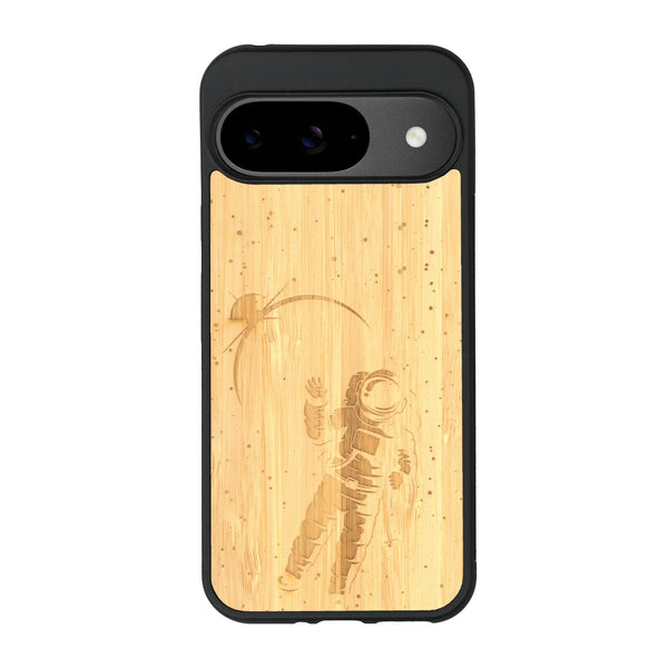 Coque de protection en bois véritable fabriquée en France pour Google Pixel 9 sur le thème des astronautes