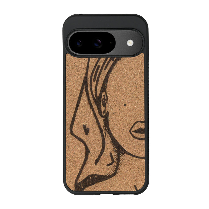 Coque de protection en bois véritable fabriquée en France pour Google Pixel 9 représentant une silhouette féminine épurée de type line art en collaboration avec l'artiste Maud Dabs