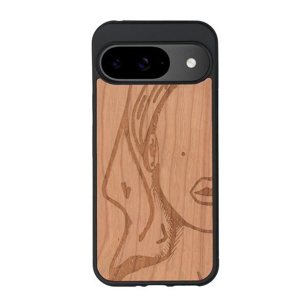 Coque de protection en bois véritable fabriquée en France pour Google Pixel 9 représentant une silhouette féminine épurée de type line art en collaboration avec l'artiste Maud Dabs