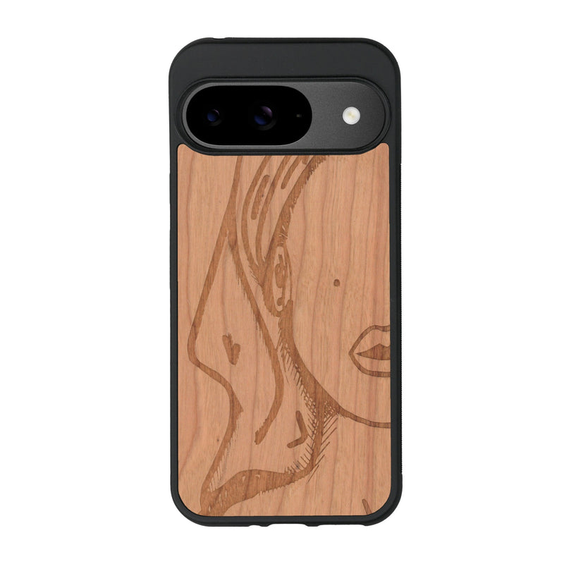 Coque de protection en bois véritable fabriquée en France pour Google Pixel 9 représentant une silhouette féminine épurée de type line art en collaboration avec l'artiste Maud Dabs