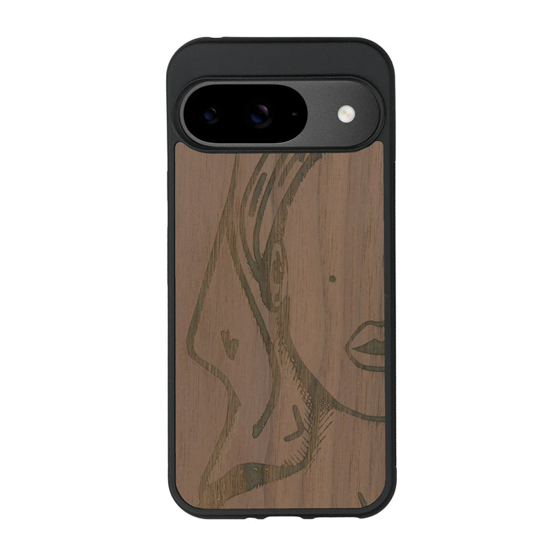 Coque de protection en bois véritable fabriquée en France pour Google Pixel 9 représentant une silhouette féminine épurée de type line art en collaboration avec l'artiste Maud Dabs