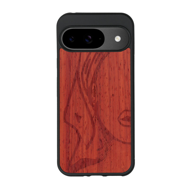 Coque de protection en bois véritable fabriquée en France pour Google Pixel 9 représentant une silhouette féminine épurée de type line art en collaboration avec l'artiste Maud Dabs