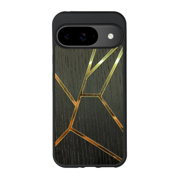 Coque de protection en bois véritable fabriquée en France pour Google Pixel 9 alliant plusieurs essences de bois pour représenter des fragments design