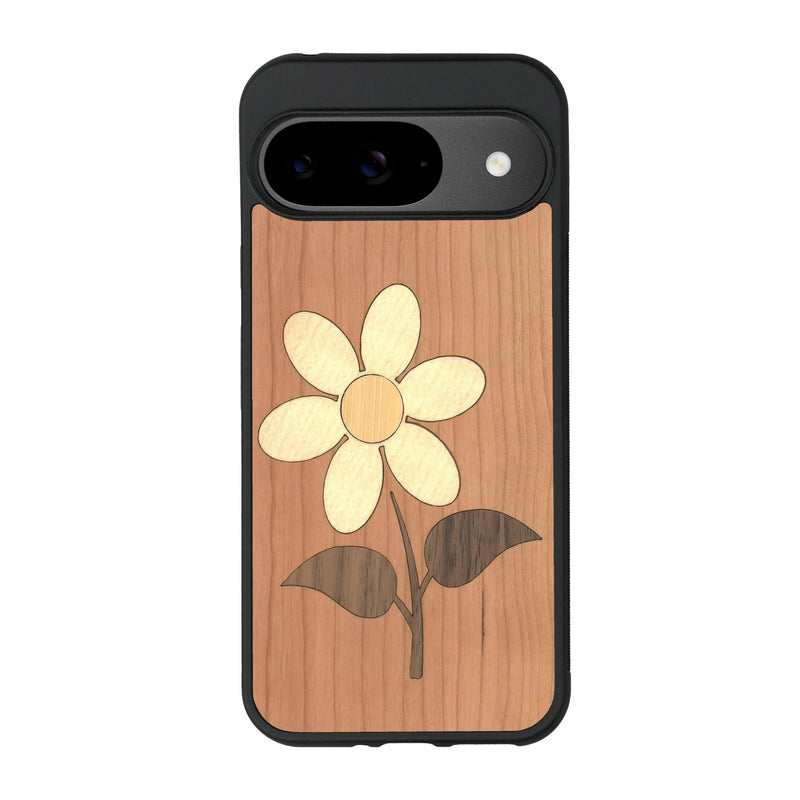 Coque de protection en bois véritable fabriquée en France pour Google Pixel 9 alliant plusieurs essences de bois pour représenter une marguerite