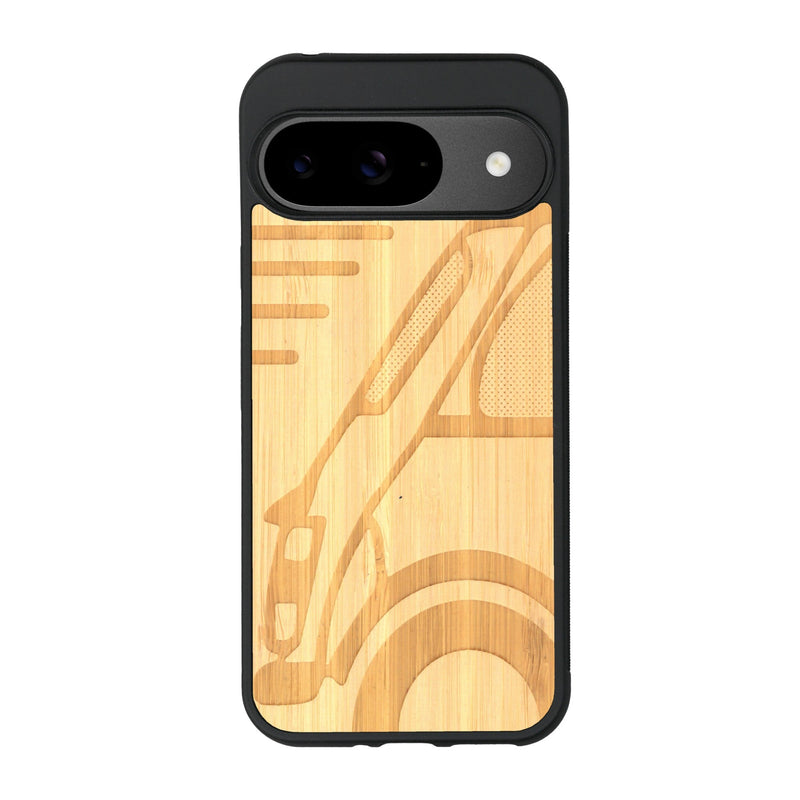 Coque de protection en bois véritable fabriquée en France pour Google Pixel 9 sur le thème de l'automobile avec une authentique Mini Cooper