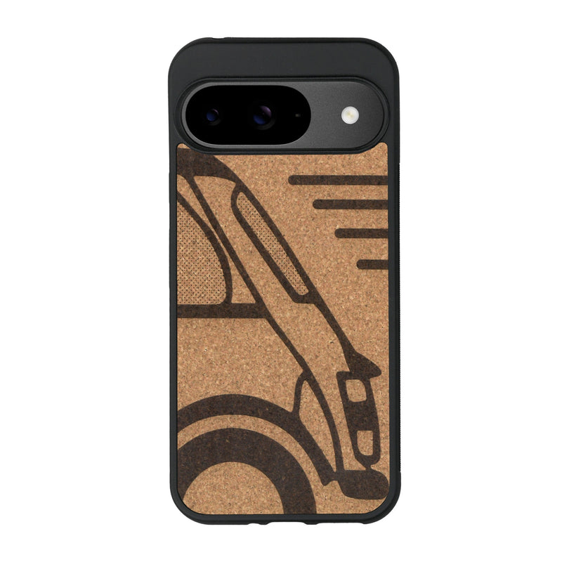 Coque de protection en bois véritable fabriquée en France pour Google Pixel 9 sur le thème de l'automobile avec une authentique Mini Cooper