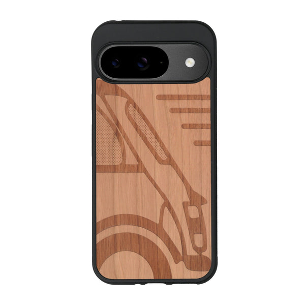 Coque de protection en bois véritable fabriquée en France pour Google Pixel 9 sur le thème de l'automobile avec une authentique Mini Cooper