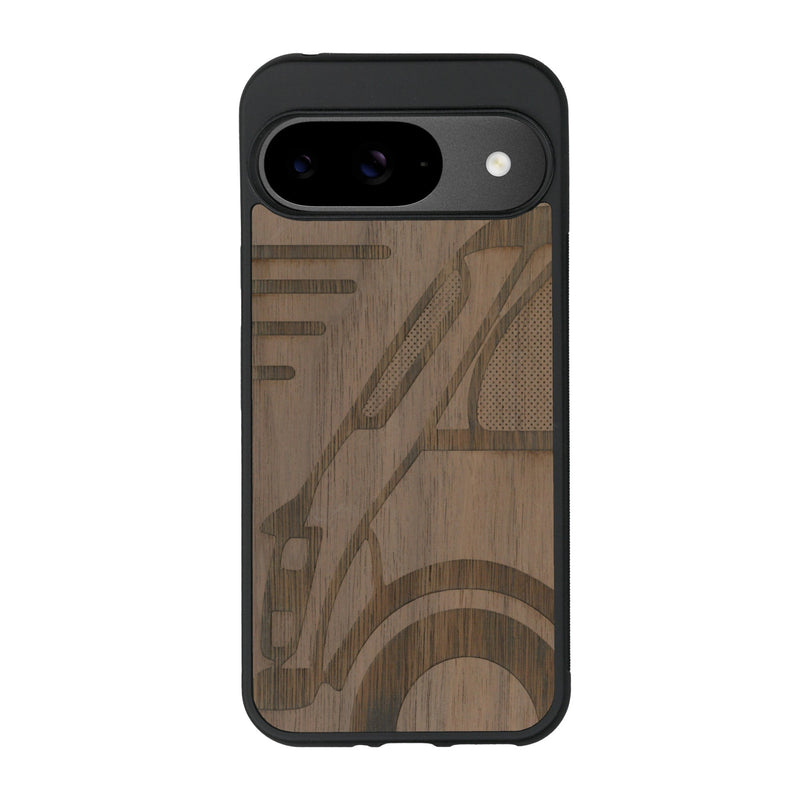 Coque de protection en bois véritable fabriquée en France pour Google Pixel 9 sur le thème de l'automobile avec une authentique Mini Cooper