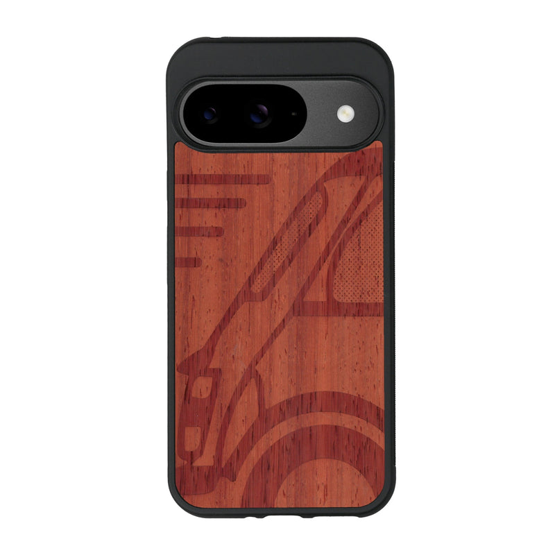 Coque de protection en bois véritable fabriquée en France pour Google Pixel 9 sur le thème de l'automobile avec une authentique Mini Cooper