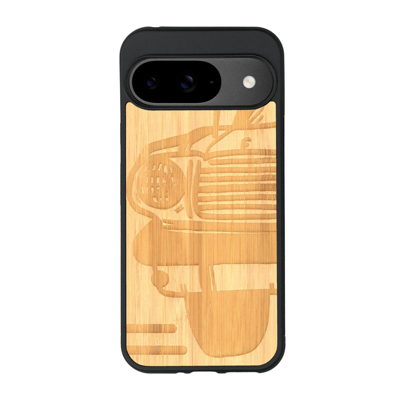 Coque de protection en bois véritable fabriquée en France pour Google Pixel 9 sur le thème de l'automobile avec une authentique Mustang