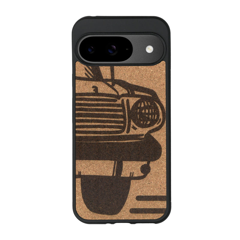 Coque de protection en bois véritable fabriquée en France pour Google Pixel 9 sur le thème de l'automobile avec une authentique Mustang