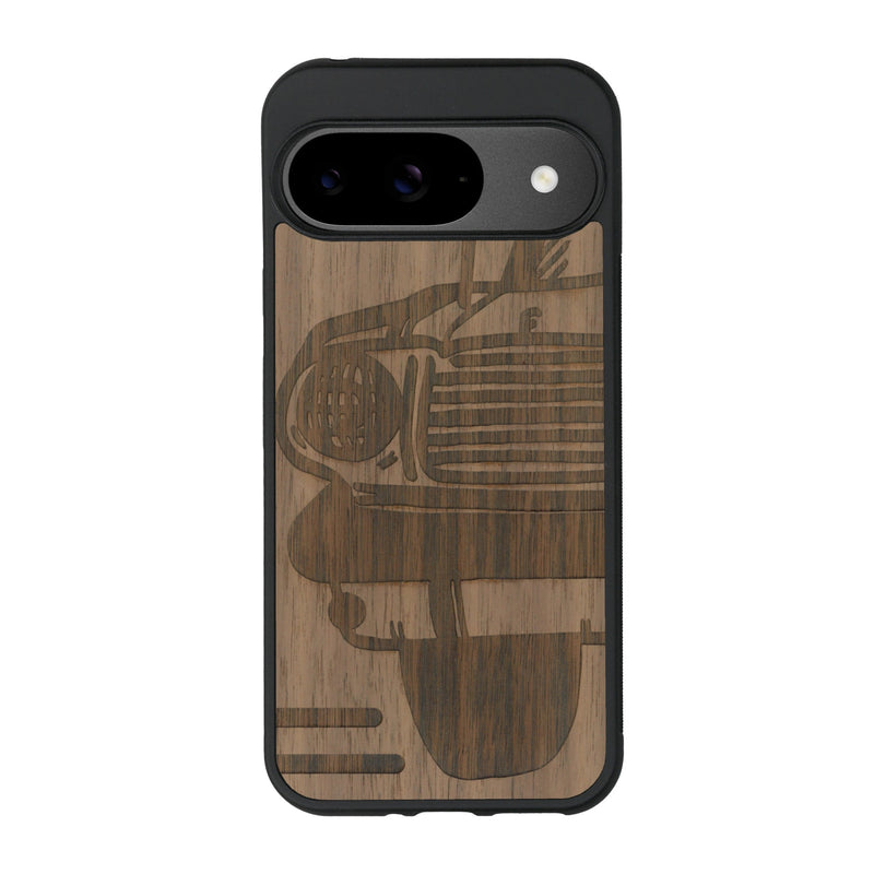 Coque de protection en bois véritable fabriquée en France pour Google Pixel 9 sur le thème de l'automobile avec une authentique Mustang