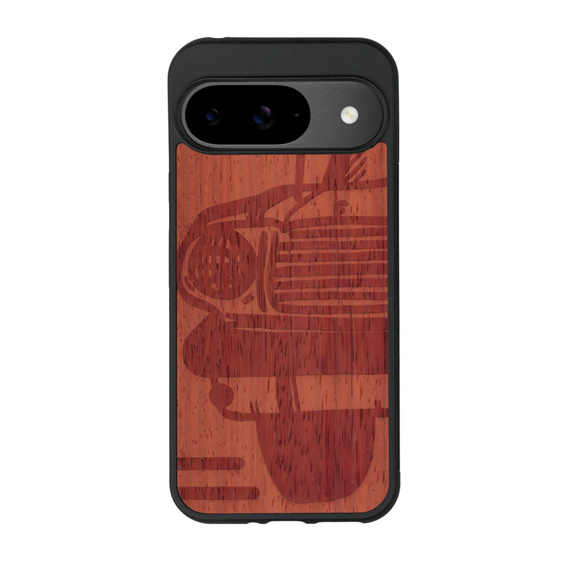 Coque de protection en bois véritable fabriquée en France pour Google Pixel 9 sur le thème de l'automobile avec une authentique Mustang