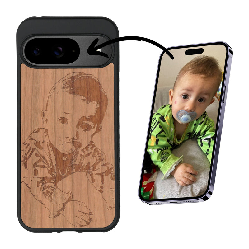 Coque de protection en bois véritable fabriquée en France pour Google Pixel 9 avec gravure personnalisée à partir d'une photo, d'une image, d'un logo, des initials ou d'une phrase