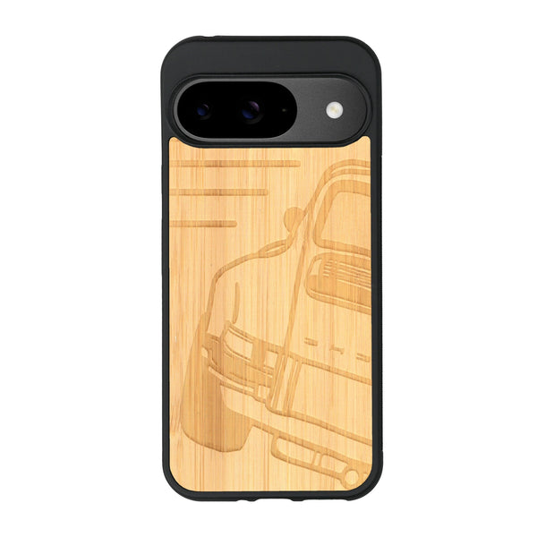 Coque de protection en bois véritable fabriquée en France pour Google Pixel 9 sur le thème de l'automobile avec une authentique Porsche